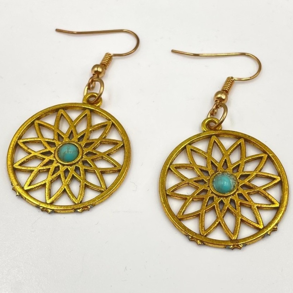 Bohemian Gold-Tone Metal Turquoise Center Mandala Dangle Drop Hook Earrings